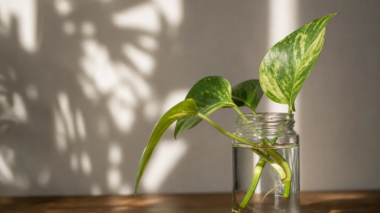 Bouture de pothos dans un verre d'eau, avec nœuds visibles