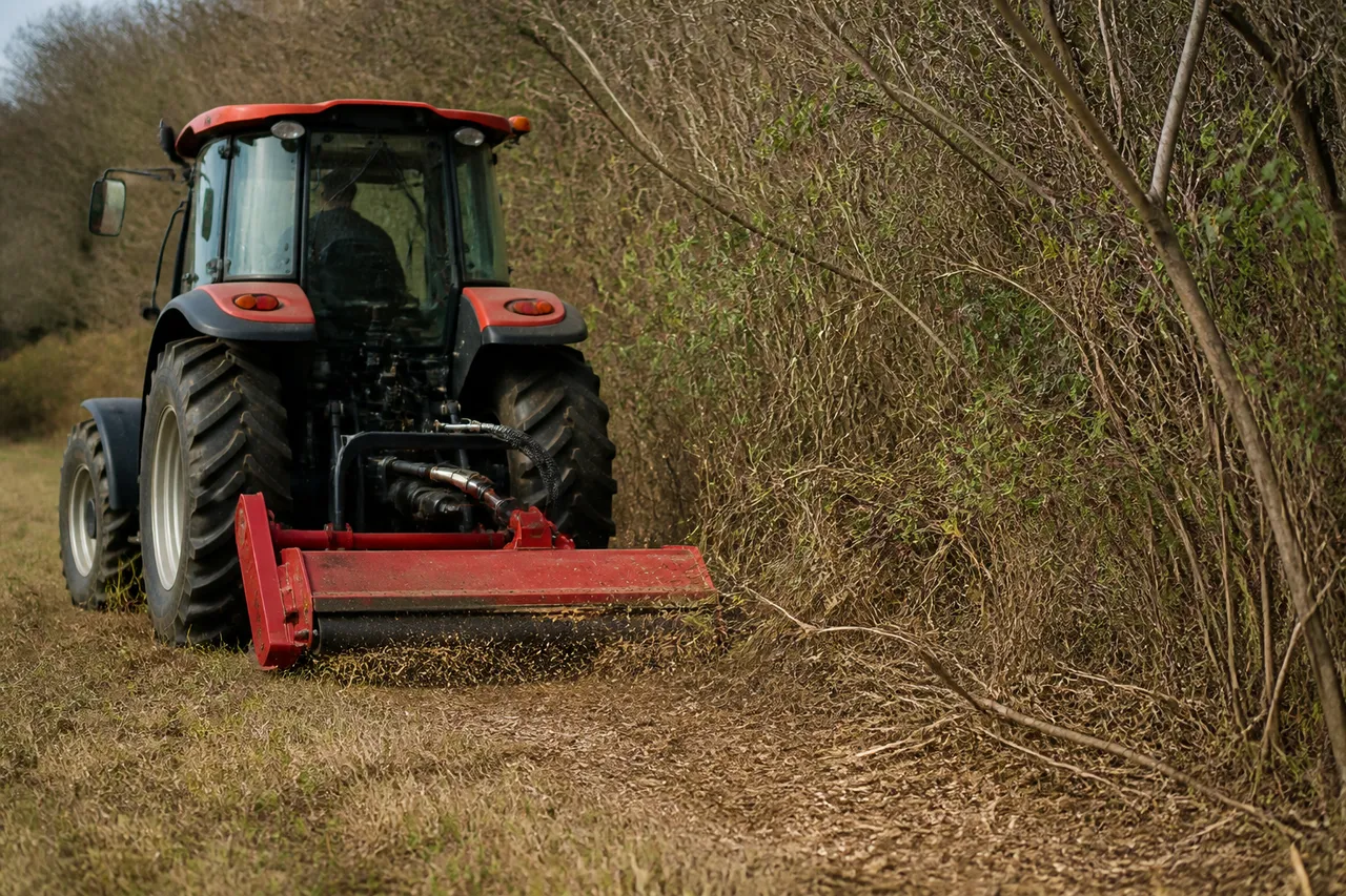 Broyeur à fléaux sur tracteur pour débroussaillage dense