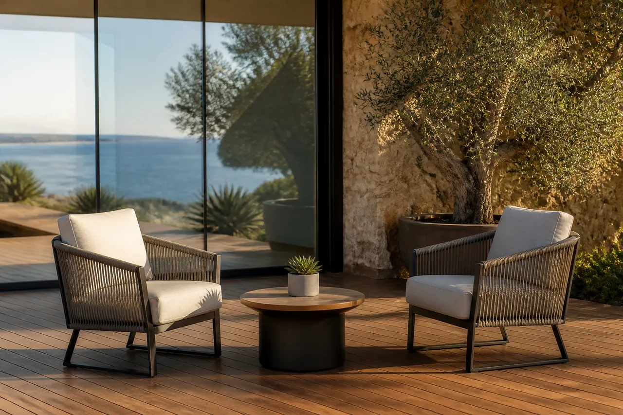 Coin détente sur terrasse de 20 m² avec fauteuils et table basse