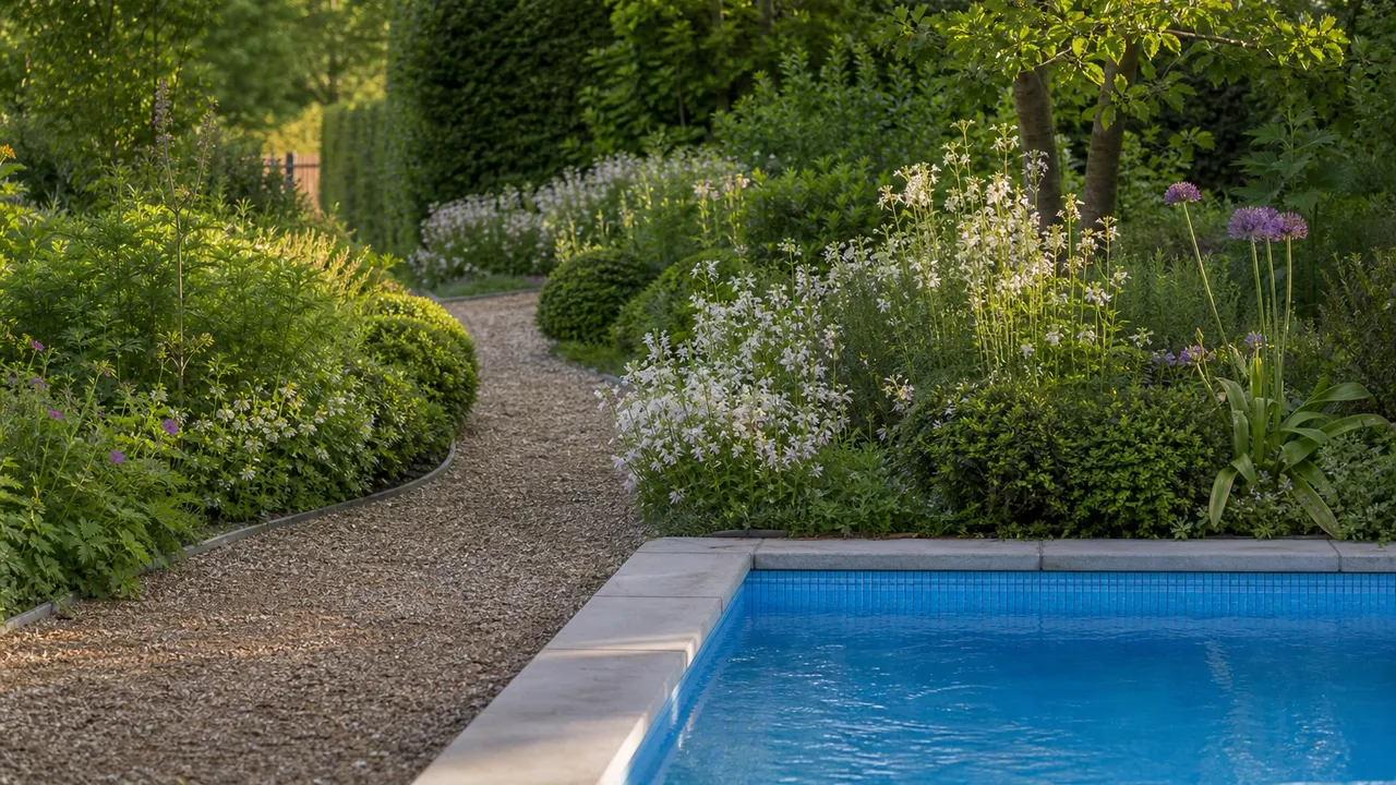 Jardin entretenu avec allée et coin de piscine