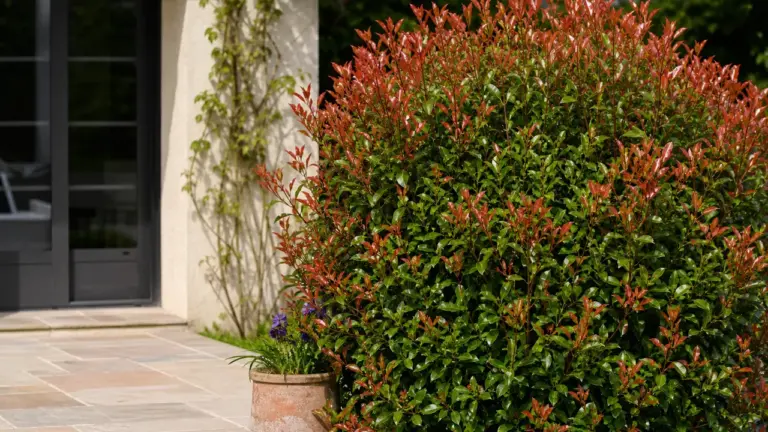 Photinia planté près d'une terrasse, avec ses racines à surveiller