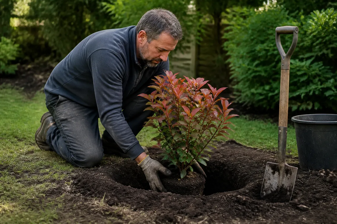 Plantation d'un photinia dans un trou large et bien ameubli