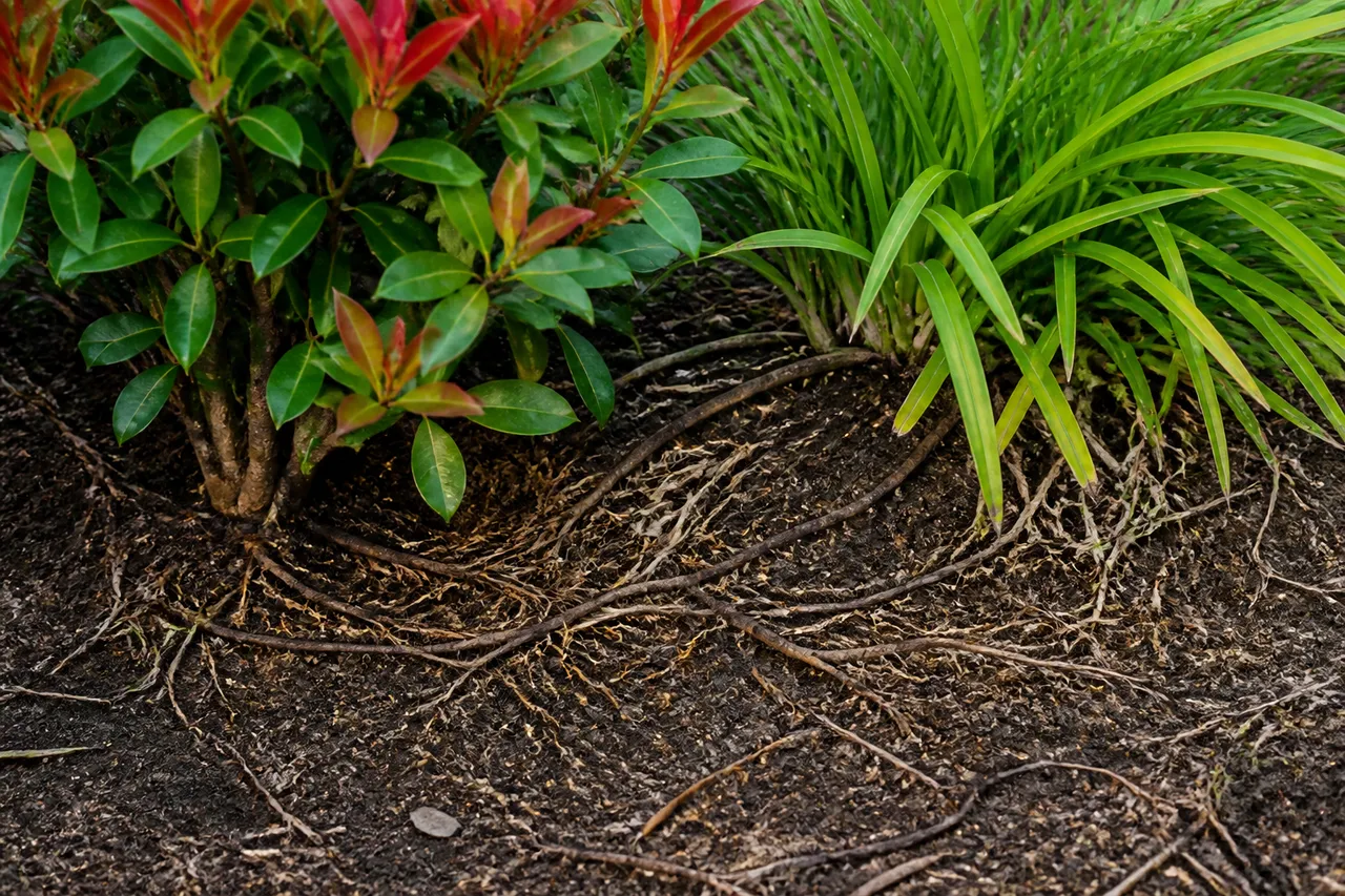 Racines du photinia et plantes voisines en concurrence