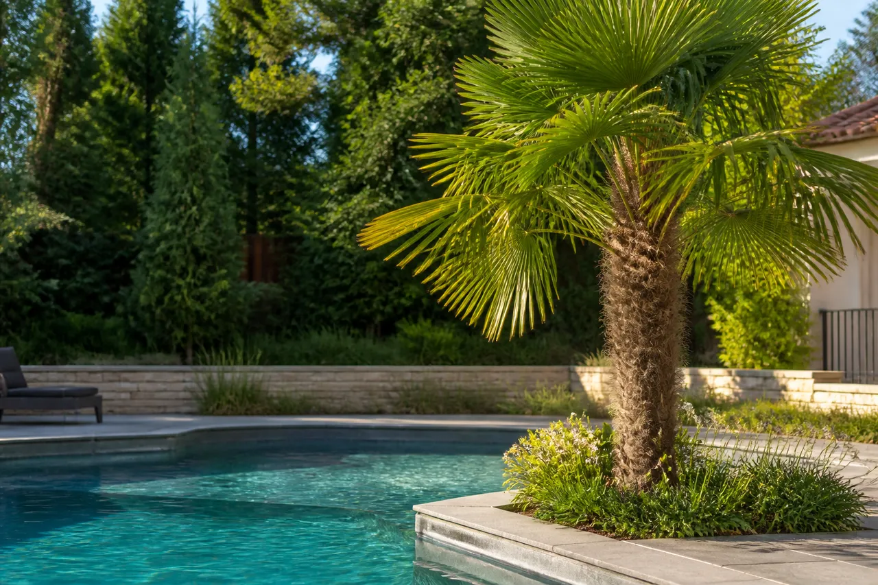 Trachycarpus fortunei au bord d'une piscine